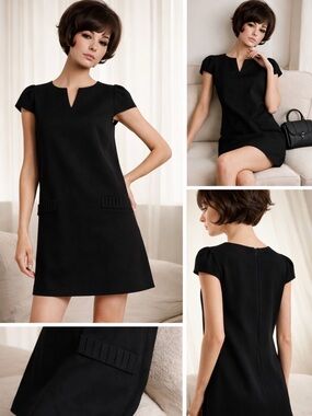 Taylor Black Shift Dress Size 6 Minimalist Chic Cap Sleeve Pocket Detail